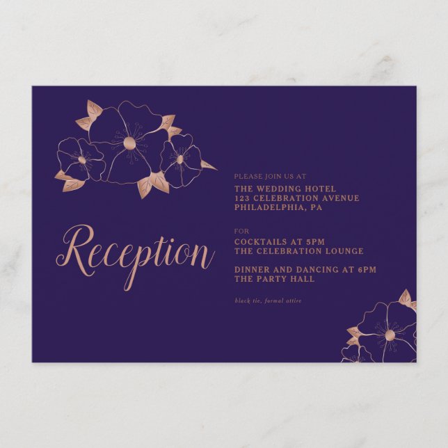 Recepción de boda moderna de cobre y azul floral (Anverso)