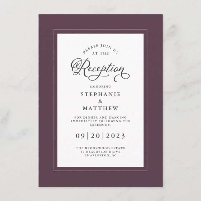 Recepción de Boda Morada Elegante con Bordes Chic (Anverso)