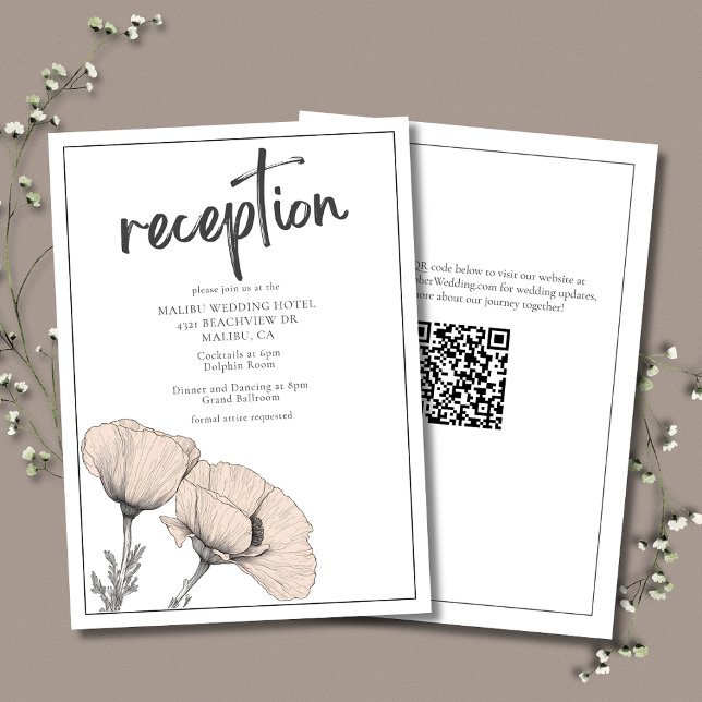 Recepción de Boda Pale Peach Poppy Floral Elegante (Pale Peach Wedding Reception Card featuring California Poppies with QR Code for Wedding Website.)