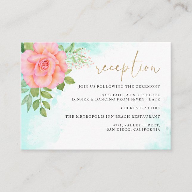 Recepción de boda Rosa floral rosa turquesa ocre (Anverso)