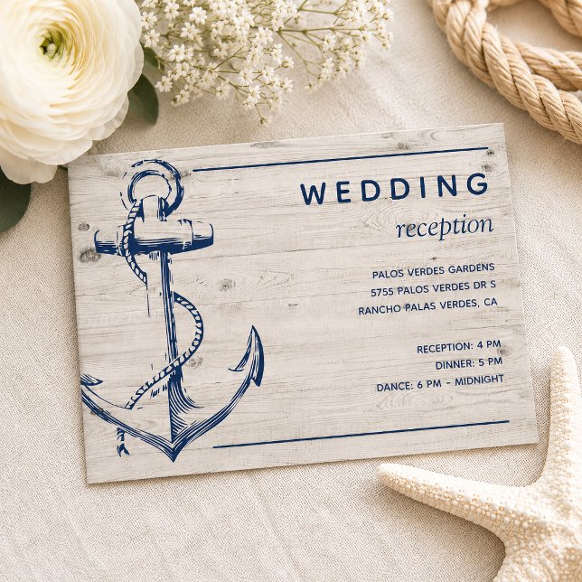 Recepción de Boda Rústica Ancla Náutica de Madera (Tie the knot with this rustic light wood nautical sketch anchor wedding reception card. )