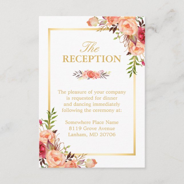 Recepción de Boda Rústico Dorado Naranja Floral Ch (Anverso)