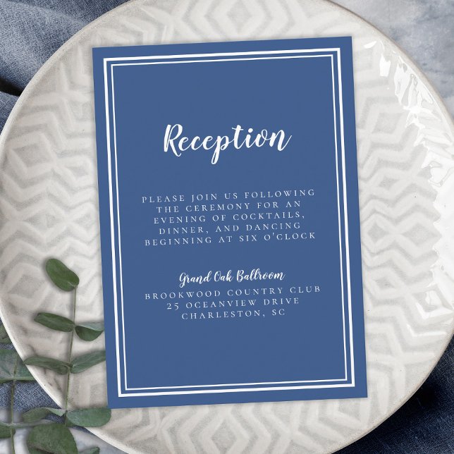 Recepción de Boda Sencilla Marco Azul Clásico Blan (Simple Wedding Reception Classic Blue White Frame Enclosure Card)