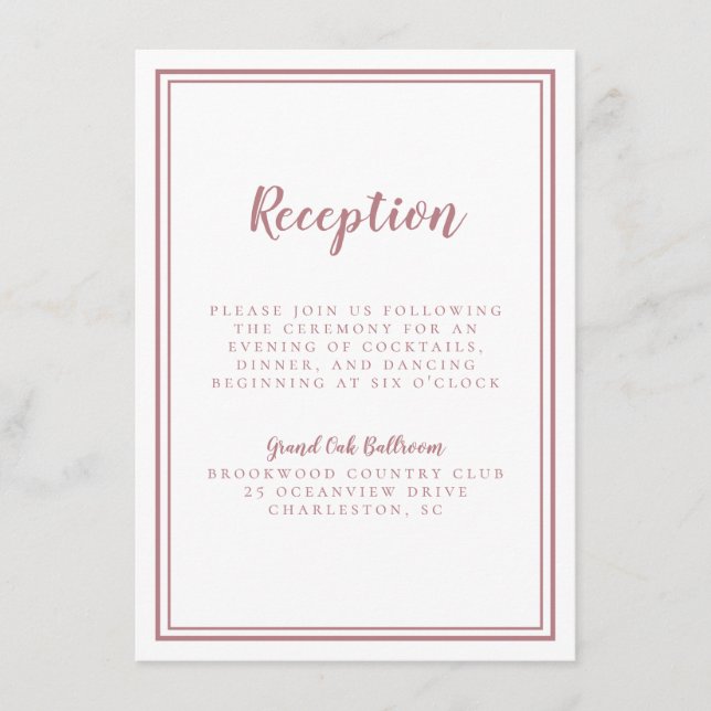 Recepción de Boda Simple Rosa Polvo Marco Blanco (Anverso)