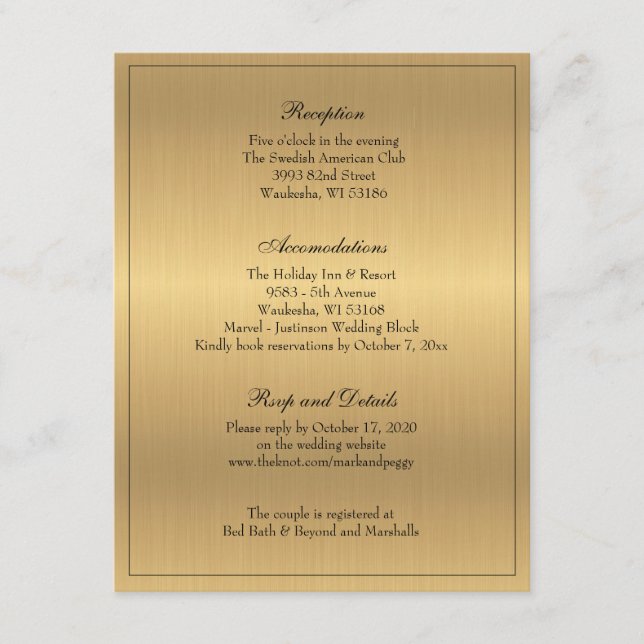 Recepción de Boda Tradicional Elegante de Oro (Anverso)