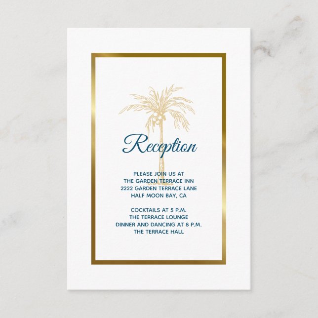 Recepción de Boda Tropical Blue Gold Palm Tree (Anverso)