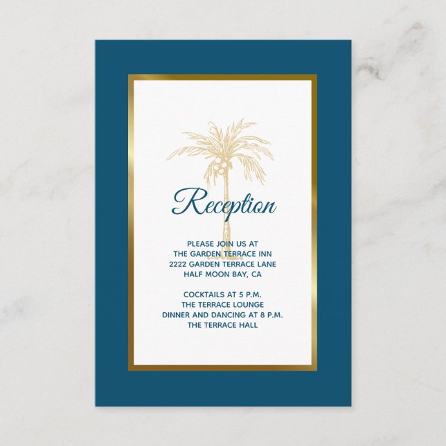 Recepción de Boda Tropical Ocean Blue Gold Palm (Anverso)