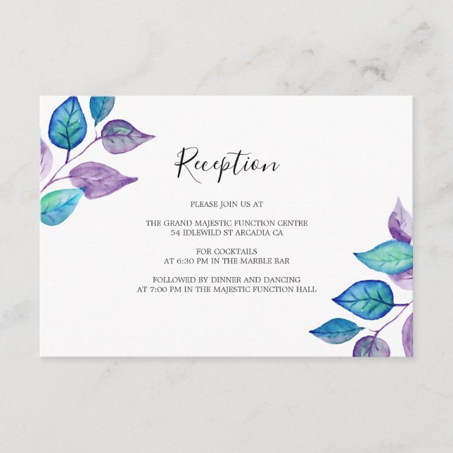 Recepción de bodas de hojas moradas turquesa (Anverso)