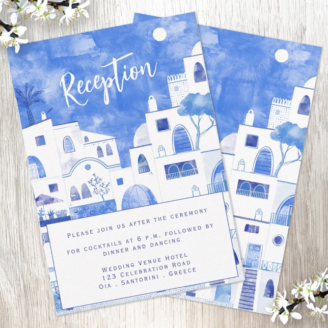 Recepción de bodas de Santorini (Reception wedding invitation featuring a blue and white original watercolor painting of Santorini)