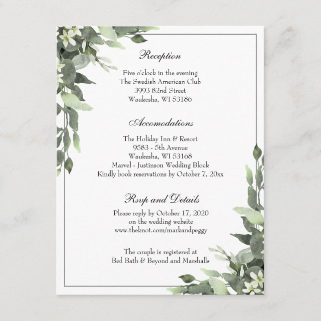 Recepción de bodas Eucalyptus simple y elegante (Anverso)