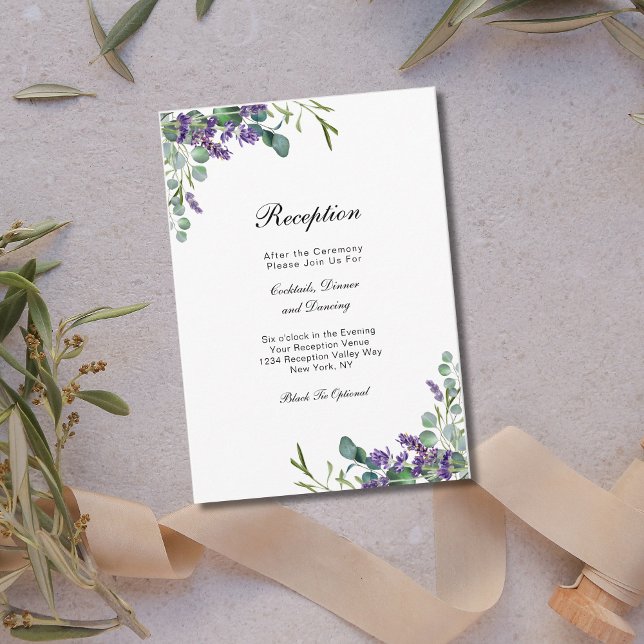 Recepción de bodas florales de Lavender Eucalytus (Lavender Eucalyptus Greenery Wedding Reception Card. Watercolor, Elegant Trendy)