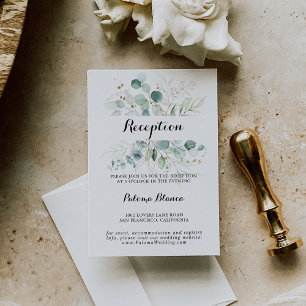 Recepción de bodas florales de oro de eucalipto rú