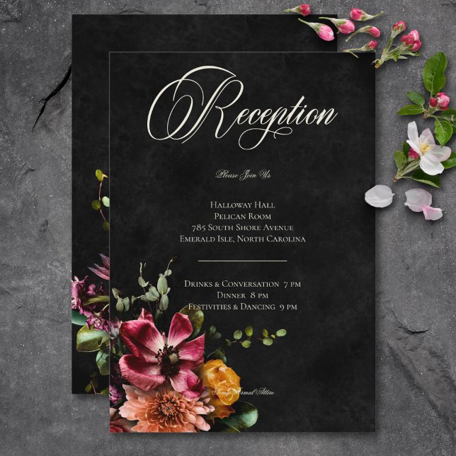 Recepción de Bodas Florales Oscuras y Elegantes de (Dark Elegant Autumn Floral Wedding Reception Enclosure Card)
