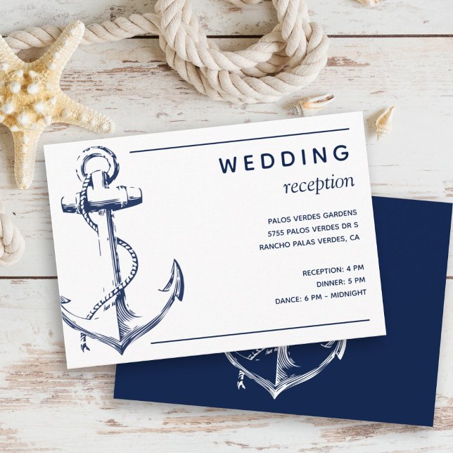 Recepción de bodas náuticas con ancla blanca (Wedding reception invitation that features an anchor and is in a navy and white classic theme.)