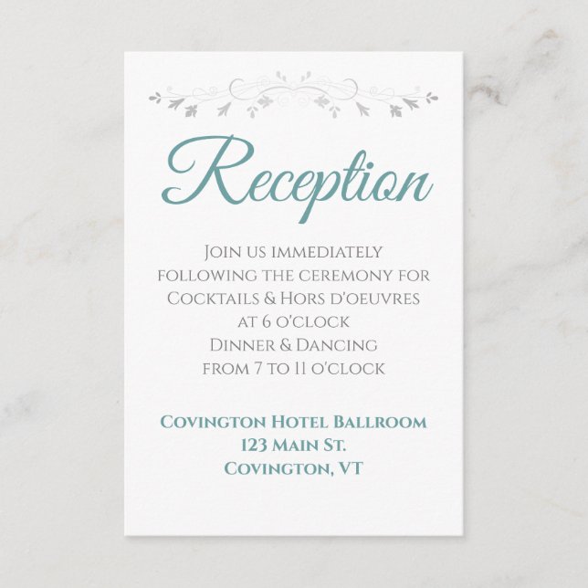 Recepción de bodas verde azulada y gris elegante (Anverso)