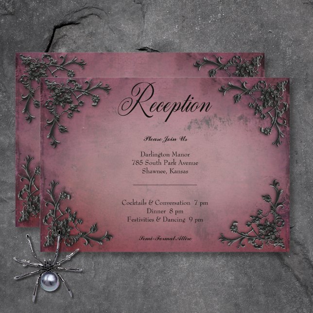 Recepción de Corazón con Filigrana Negra y Burgund (Gothic Black & Burgundy Filigree Heart Reception Enclosure Card)