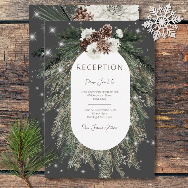 Recepción de espuma de invierno de pino de carbón  (Boho Charcoal Pine Winter Sparkle Reception Enclosure Card)