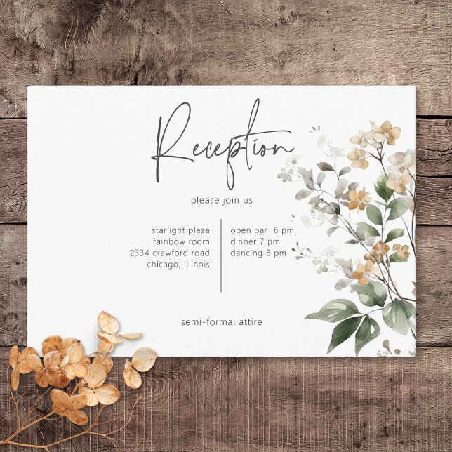 Recepción de flores silvestres rusticas tan delgad (Rustic Delicate Tan Fall Wildflowers Wedding Reception Card)