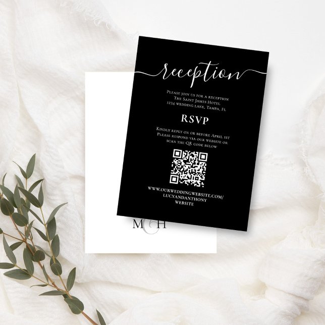 Recepción de la boda blanca y negra RSVP (Simple black and white reception and RSVP card with QR Code. )