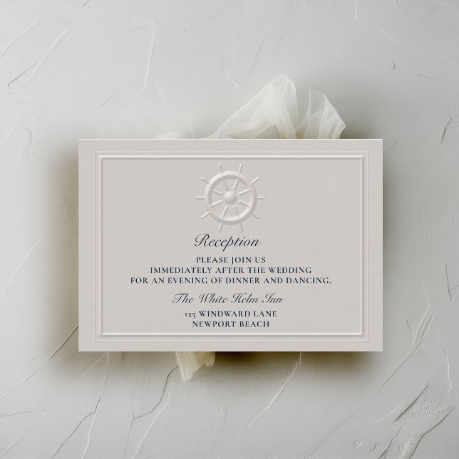 Recepción de la boda costera del casco de la barca (nautical wedding reception details card faux embossed boat helm double frame modern classic navy)