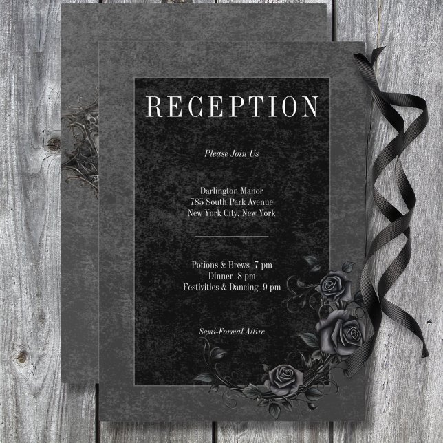Recepción de matrimonio para Rosas negros y gótico (Gothic Black Raven & Black Roses Wedding Reception Enclosure Card)