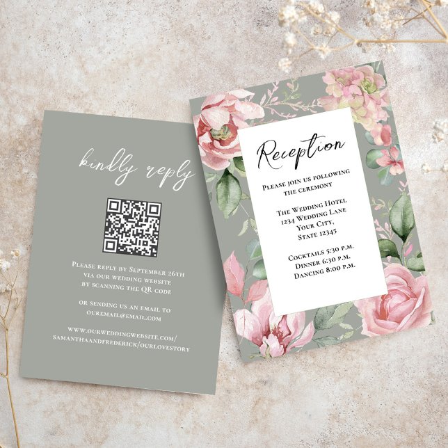 Recepción de matrimonio rosa floral de Rubor (Elegant reception card with blush pink floral design. )