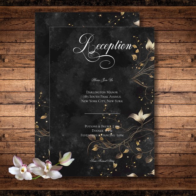 Recepción de ortografías góticas negras y blancas (Dark Gothic Black & White Orchid Spells Reception Enclosure Card)