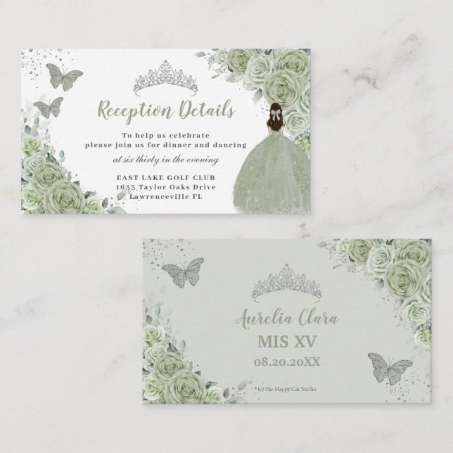 Recepción de Quinceañera de Plata Floral Verde Sag (Anverso / Reverso)