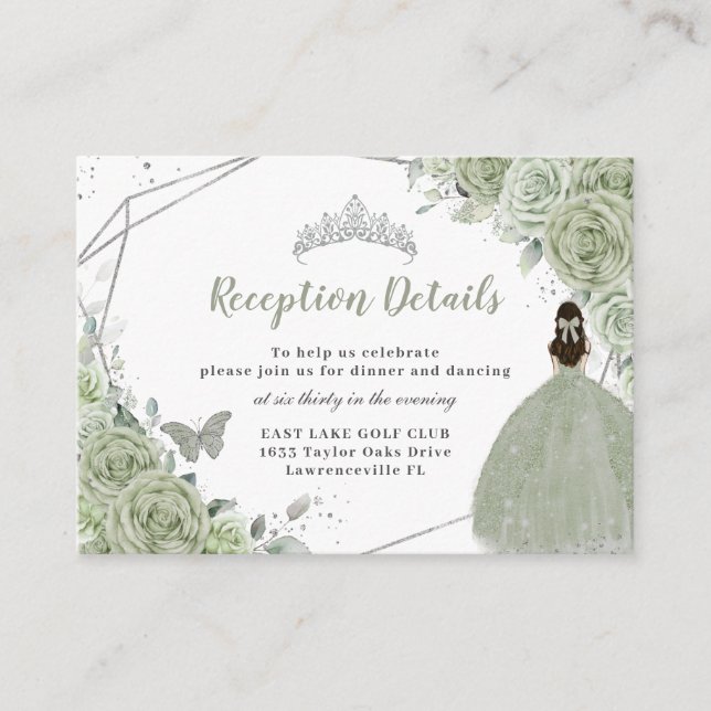 Recepción de Quinceañera de Plata Floral Verde Sag (Anverso)