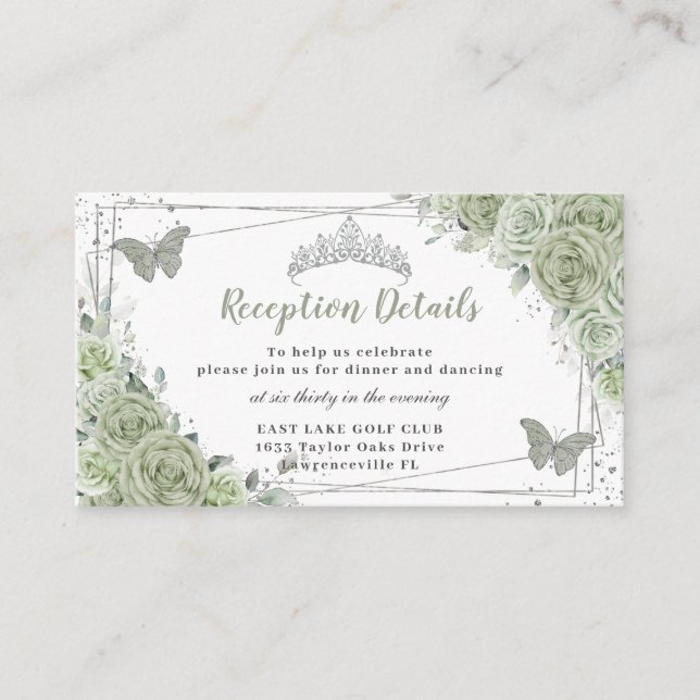 Recepción de Quinceañera de Plata Floral Verde Sag (Anverso)