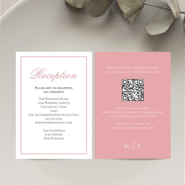 Recepción de script de caligrafía rosa de Rubor RS (Blush pink reception card with a scannable QR Code template. )