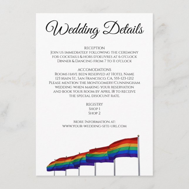 Recepción Detalles de la boda del Orgullo Gay Tarjeta de inc (Anverso)