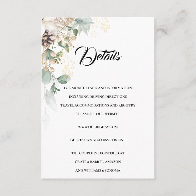 Recepción Detalles de la tarjeta de cierre floral Wintery Go (Anverso)