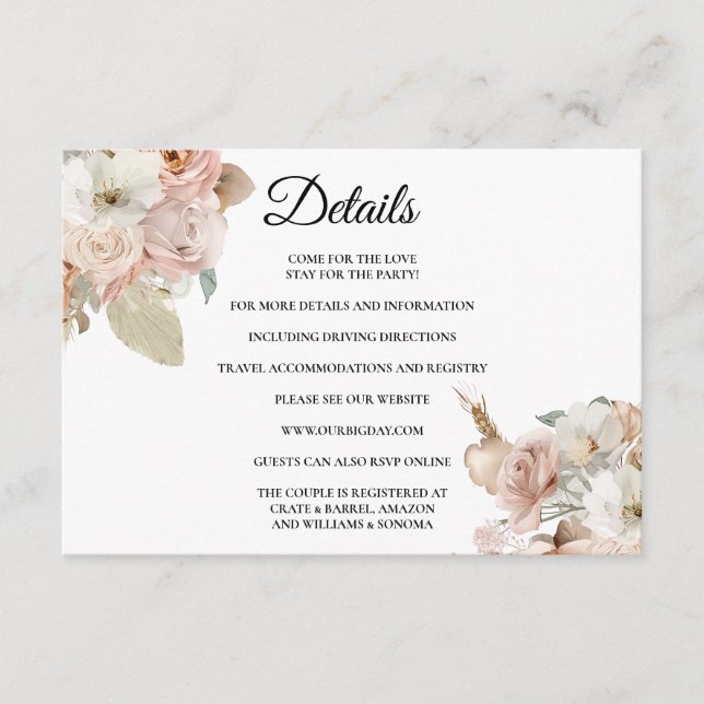 Recepción Detalles de la tarjeta de inclusión floral beige B (Anverso)