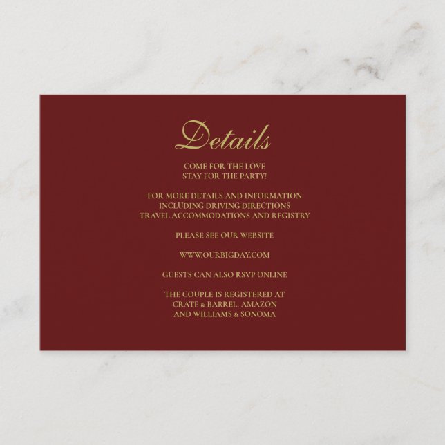 Recepción Detalles de la tarjeta de inscripción formal de lo (Anverso)