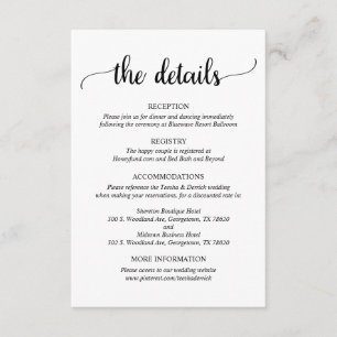 Recepción Detalles del boda, tarjeta de gabinete de guiones 