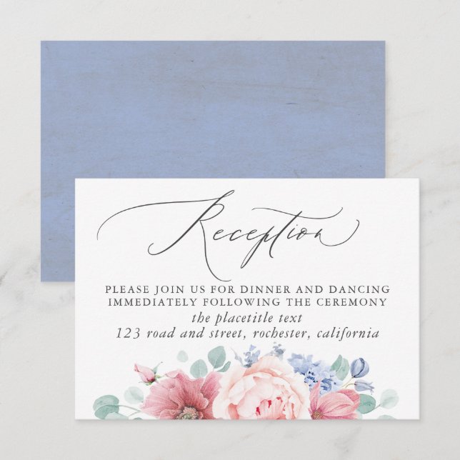Recepción Dusty Blue Floral Wedding Tarjeta de Alojamiento d (Anverso / Reverso)