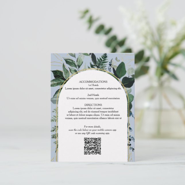 Recepción Dusty Blue QR código Tarjeta de detalles del boda  (Anverso de pie)