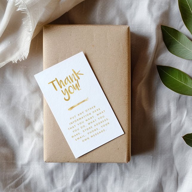 Recepción Efecto de papel de aluminio gracias tarjeta de ins ("Thank you!" in a fun script with a gold foil effect, all on a white background enclosure card)