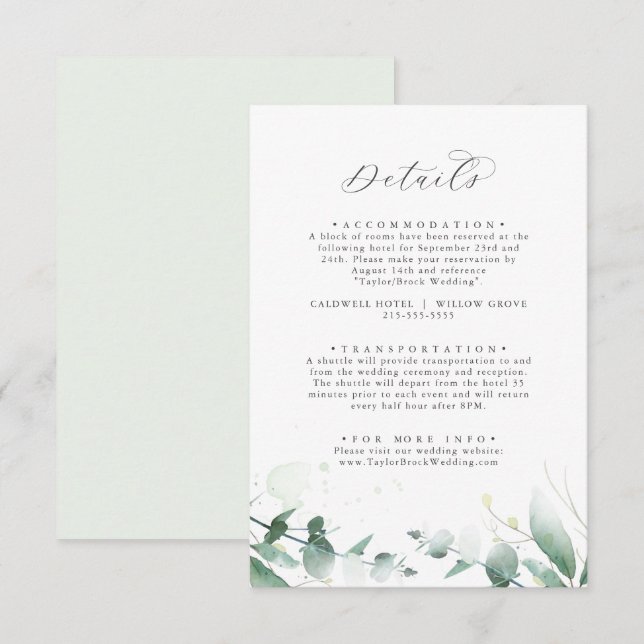 Recepción Elegante Boda de Verdor Detalles Tarjeta de Gabine (Anverso / Reverso)