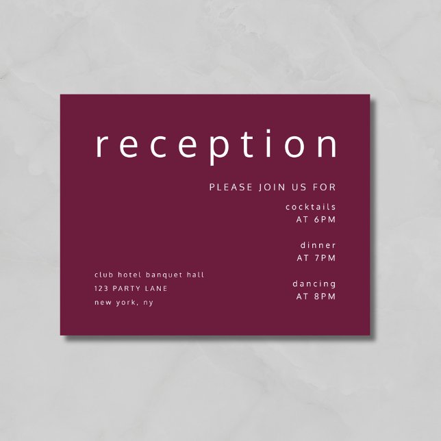 Recepción elegante de bodas en tipografía roja de  (Burgundy Red Typography Elegant Wedding Reception Enclosure Card)