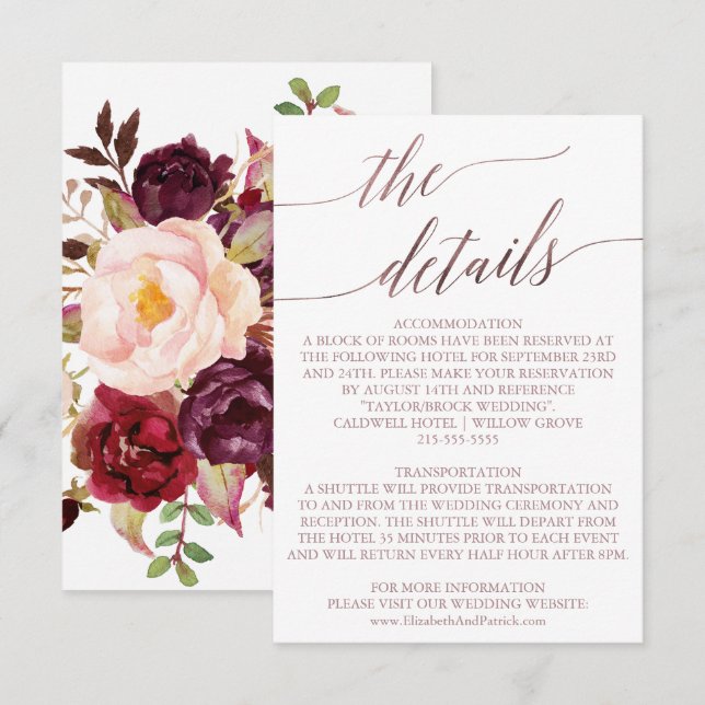 Recepción Elegante Rosa Gold | Tarjeta de inserción de detal (Anverso / Reverso)