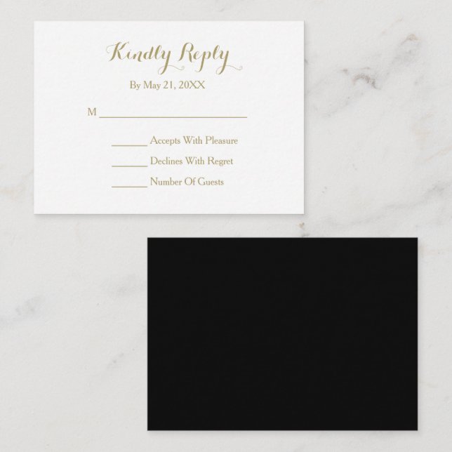 Recepción Elegante Script Tarjeta RSVP Blanca de Oro Negro (Anverso / Reverso)