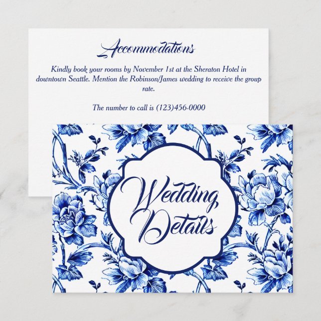 Recepción Elegante tarjeta de Boda floral azul y blanca (Anverso / Reverso)