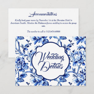 Recepción Elegante tarjeta de Boda floral azul y blanca