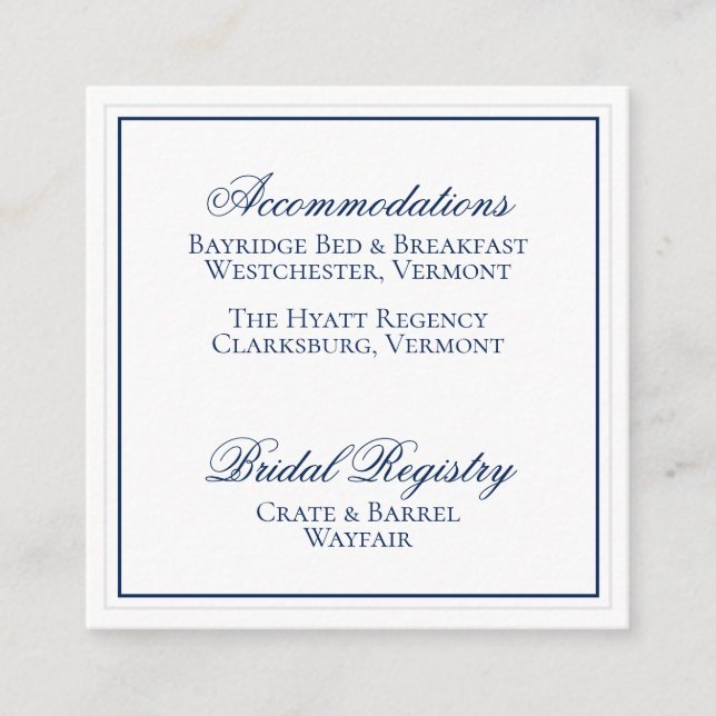 Recepción Elegante tarjeta de detalles de Boda azul y blanco (Anverso)