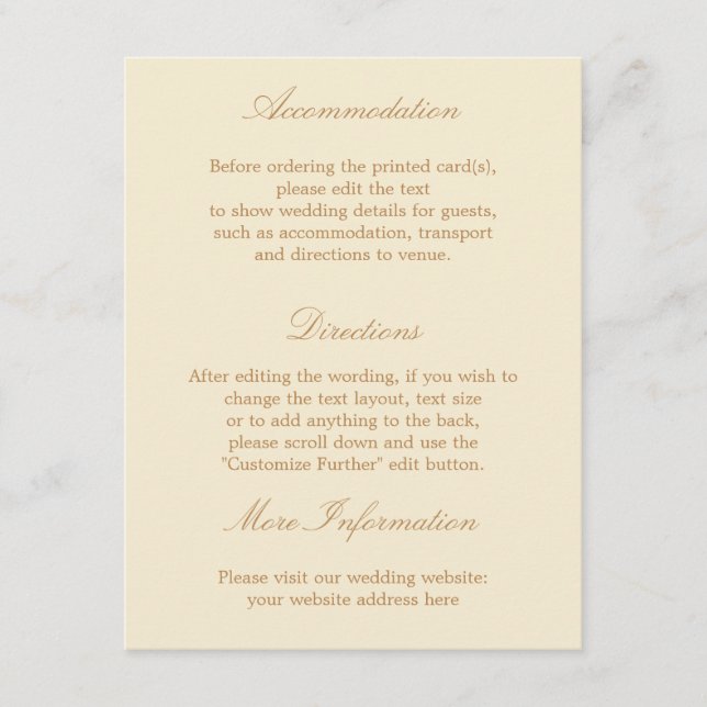 Recepción Elegante tarjeta de detalles de Boda beige crema (Anverso)