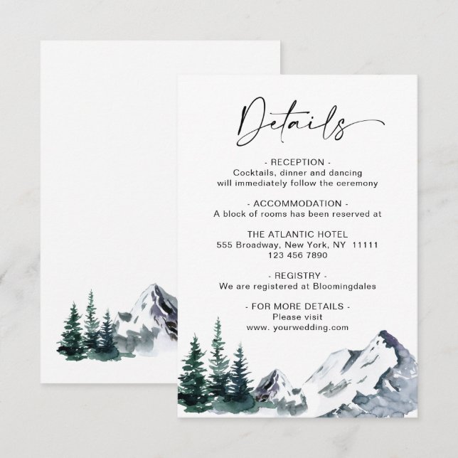 Recepción Elegante tarjeta de gabinete de detalles de montañ (Anverso / Reverso)