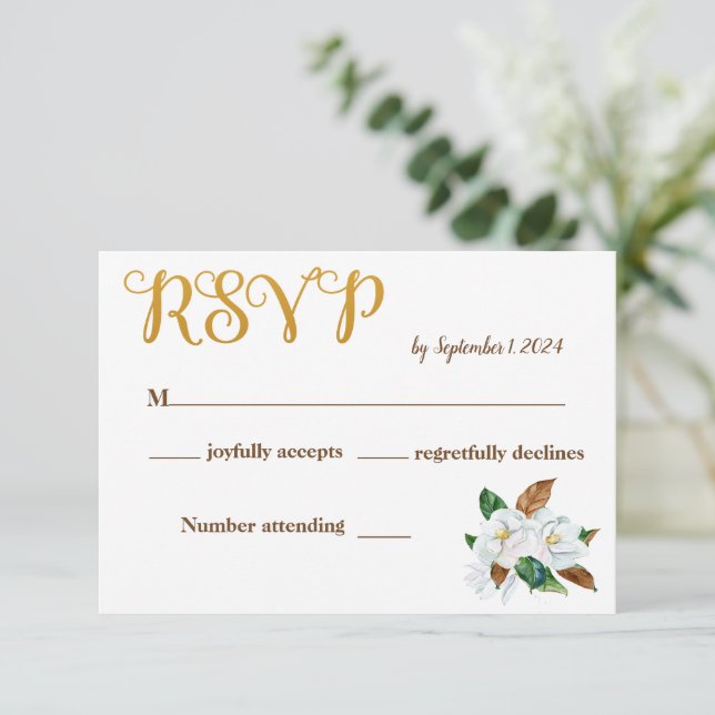Recepción Elegante Tarjeta RSVP de boda de Magnolia (Anverso de pie)