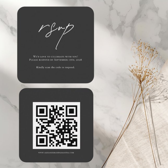 Recepción Elegante tarjeta RSVP de boda negra con código QR (Subido por el creador)